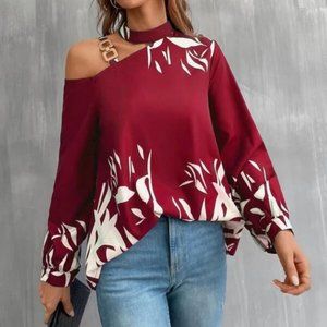 Boho Asymmetrical Neckline long sleeved blouse burgundy